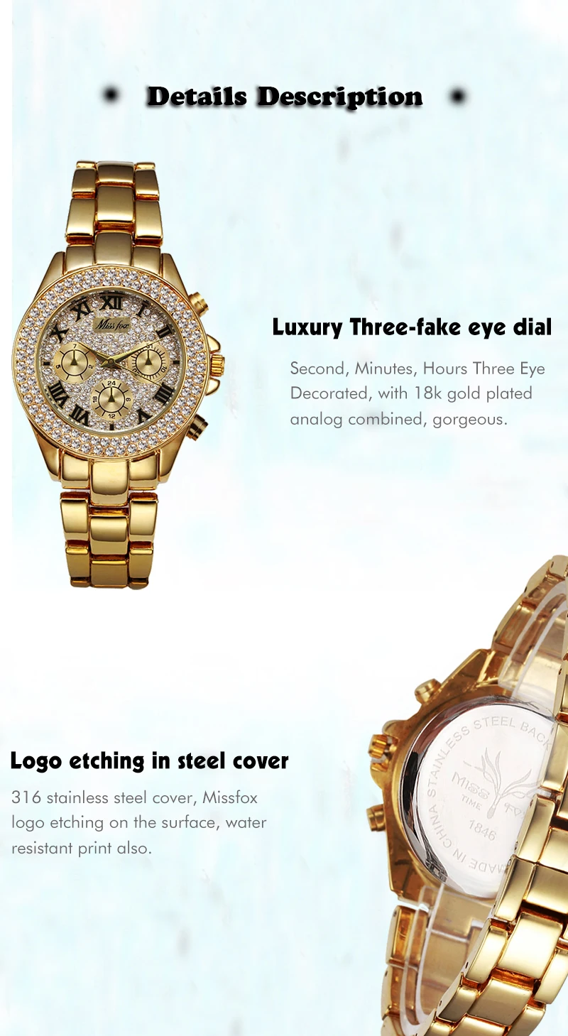 MISSFOX, женские часы, роскошные часы, Женская мода, Relogio Feminino, хронограф, римское золото, женские часы, кварцевые наручные часы