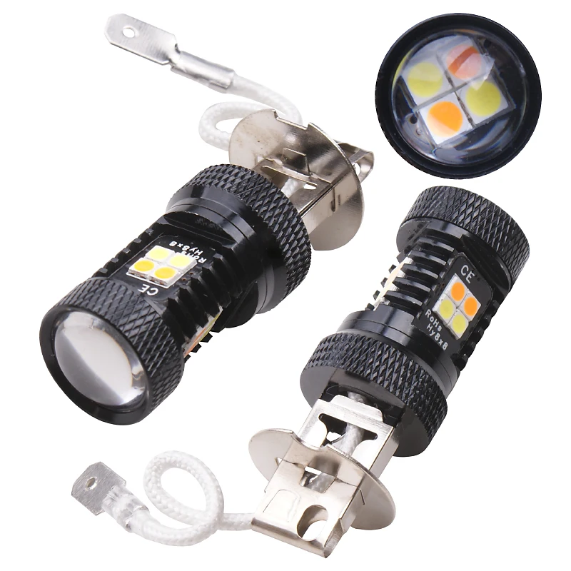 RXZ 2pcs H3 светодиодный высокой мощности 3030 светодиодный s 16smd для автомобильных противотуманных фар Дневные ходовые огни лампы DRL двойной цвет белый/янтарный переключаемый