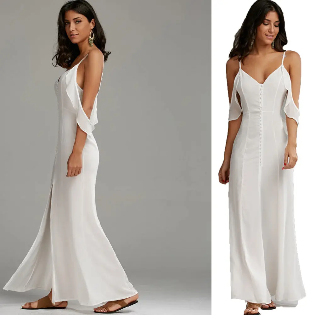 Fashion Women Dress White Long Maxi Dress Split Party Beach Chiffon ...
