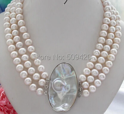 

DEY52 Free Shipping >>>3row 19-21" 9mm round white Freshwater cultured pearl necklace mabe pearl