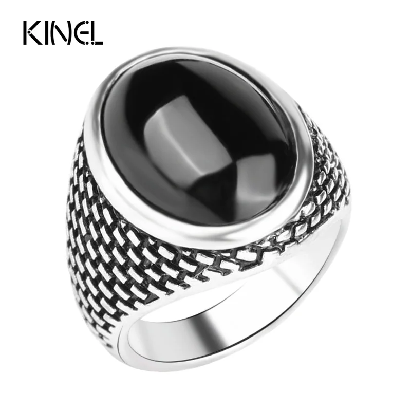 Kinel Luxury Vintage Men's Rings Punk Black Ring Silver Color Oval AAA Resin Turkey Jewelry 2017 New