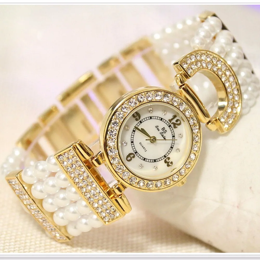 Luxury Elegant Rhinestone Women Watches Lady Pearl Dress Watch Female Big Dial Wristwatch