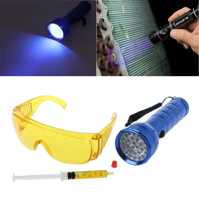 

Car R134A R12 Air Conditioning A/C System Leak Test Detector Kit 28 LED UV Flashlight Protective Glasses UV Dye Tool Set Automot