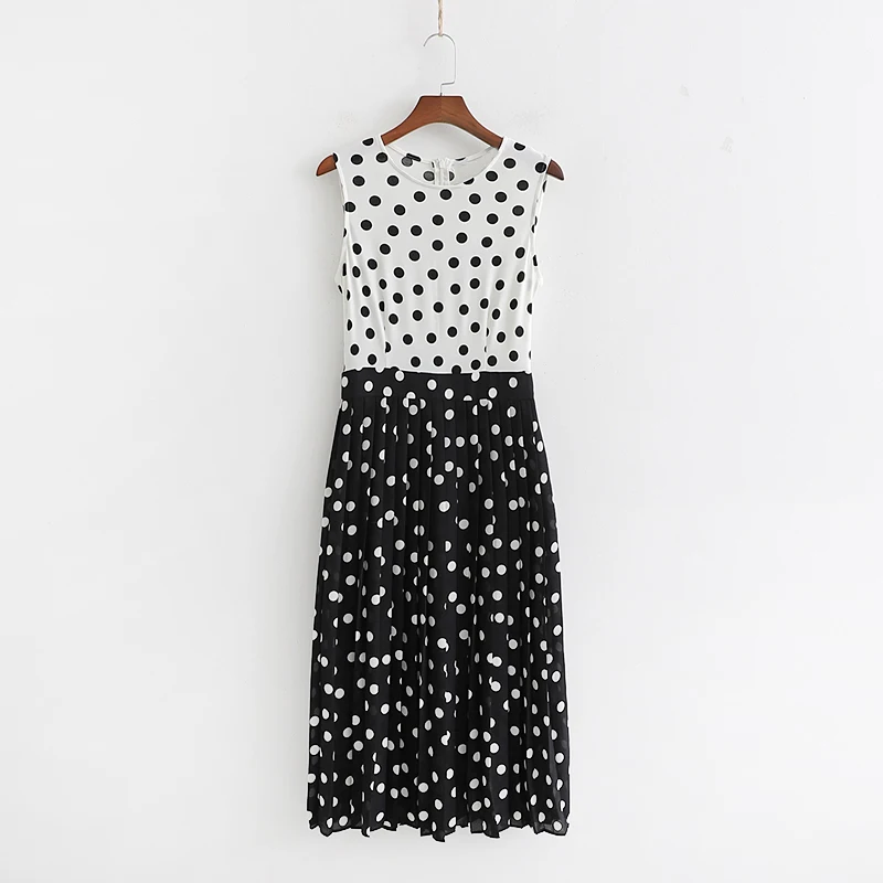 

Dot Printed Long Dresses Women Fashion Sleeveless Dress Women Elegant O Neck Pleated Dress Female Ladies CH02