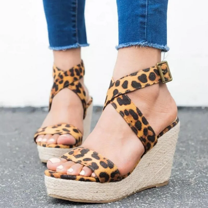 

Oeak Leopard Wedge Sandals Summer Peep Toe Flock Buckle Strap Platform Sandals High Heels Shoes Female