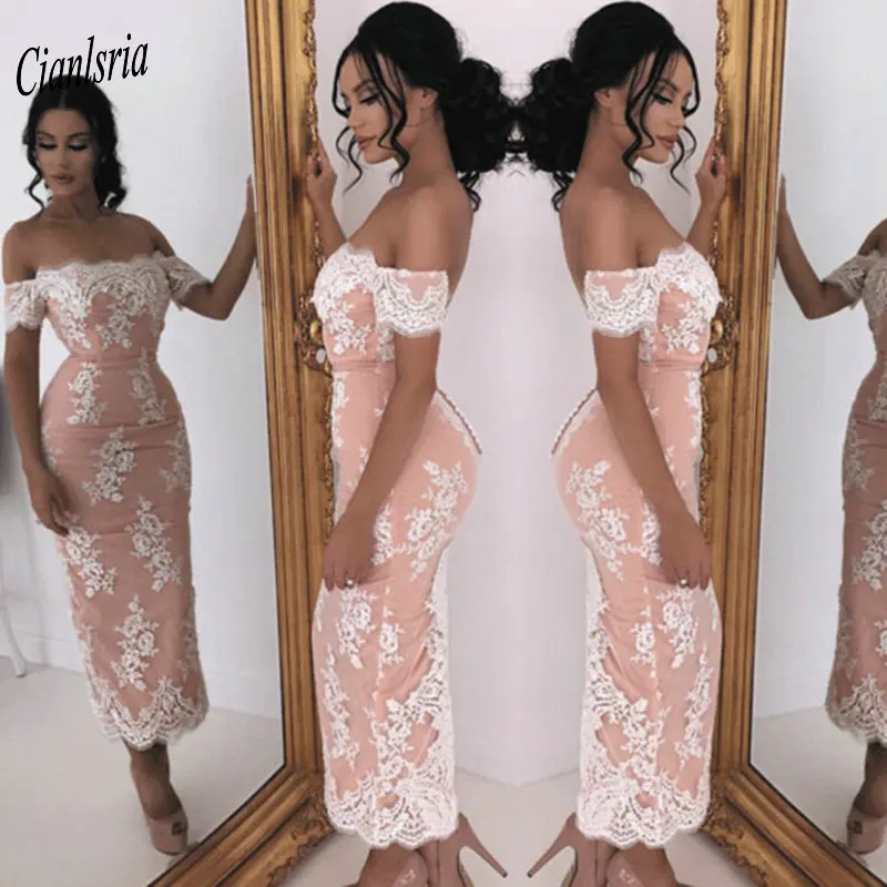 

Off The Shoulder Tea-Length Evening Dress 2019 Appliques Lace Dubai Arabic Short Formal Evening Dresses Plus size robe de soiree
