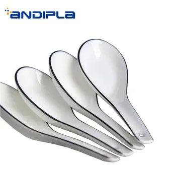 

2PCS/Lot Modern Kids Spoon Ceramic Porcelain Black Rim Handle Spoons Soup Rice Scoop Kitchen Accessories Dinnerware Tableware
