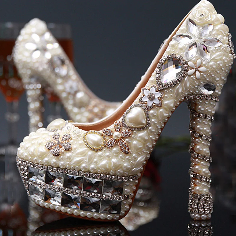 Romantic 14cm High Heeled Bridesmaid Bridal Shoes Pearl Pumps
