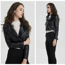 2019 New Arrival Black Lapel Oblique Zipper Short Pu Jacket Girl Punk Style Women PU Leather Jacket Coat Casual Crop Tops P-D1