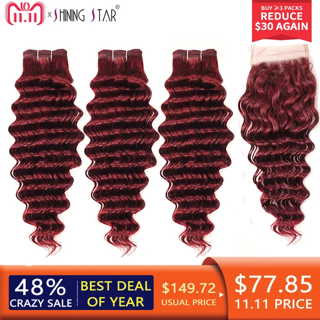 Cheap Brazilian Deep Wave 3 Bundles With Closure Bold Red 99j Burgundy Hair Bundles With Closure Shining star Non Remy Hair Extension