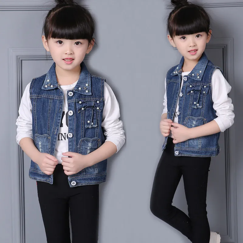 

Vintage Summer Girls Sleeveless Waistcoat kids Vest Waistcoat Jeans Vest With Pearl for Girl Children Fashion Outerwear 2-7 Year