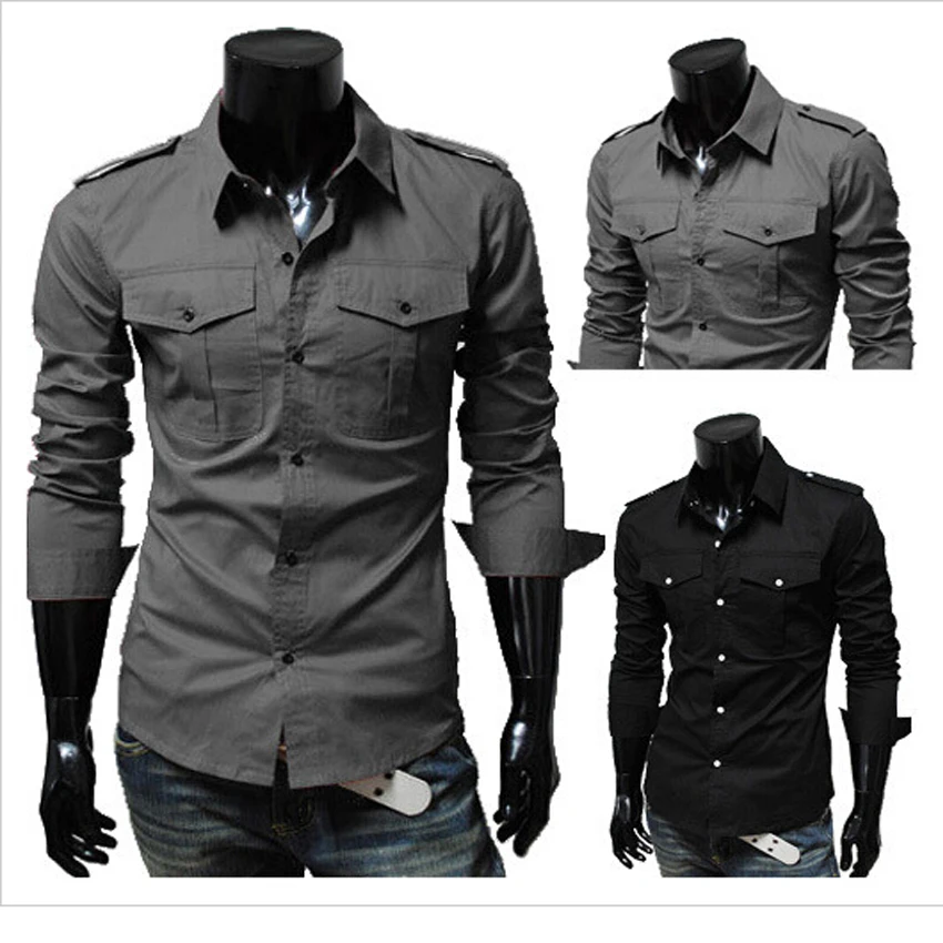 2015 new men's military style shirt style men's slim fashion epaulets