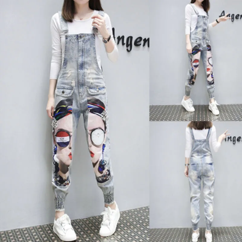 

Sequined Animal Denim Overalls Women 2019 Spring Autumn Print Hole Jeans Jumpsuits Loose Casual Denim Romper Pants Plus Size 3XL