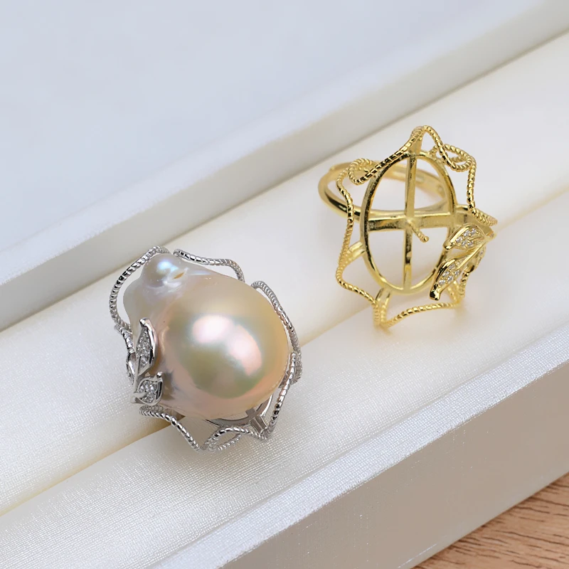 

QIAOBEIGE 2Pcs 925 Sterling Silver Baroque Ring pearl empty holder Jewelry Accessories Adjustable Rings For Girls Charming Ring
