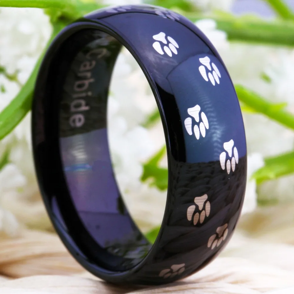 Fashion Tungsten Carbide Wedding Ring For Women Classic Black Ring Animal Doggy Paw Print Design Party Ring Engagement Rings