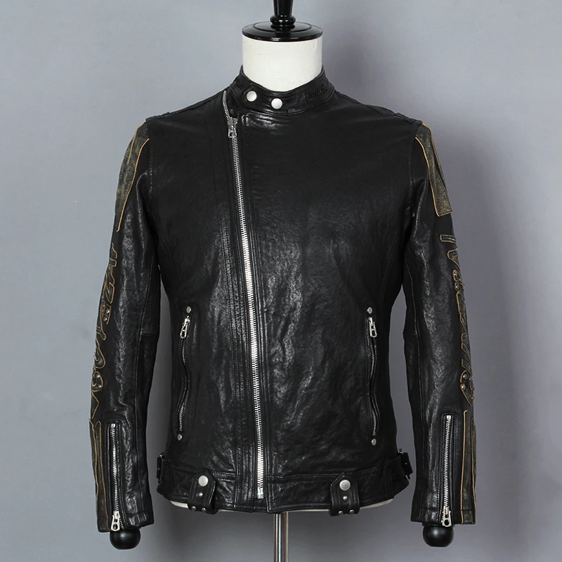 Cheap 2019 Fashion Genuine Leather Jacket Men Sheepskin Turn Down Collar Slim Fit Real Leather Jacket Short Letter pattern Autumn Coat 1