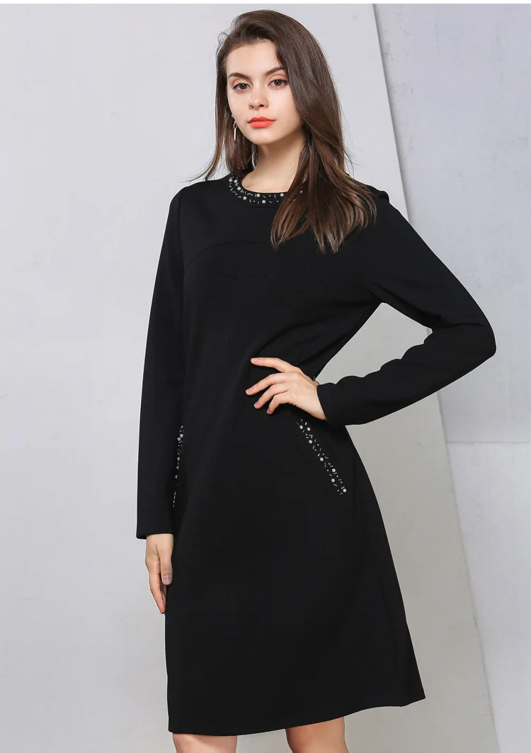 Осенне-зимнее модное дамское элегантное платье с бусинами, с длинным рукавом, офисное черное платье vestidos размера плюс, культивирующее Jurken 4XL 5XL