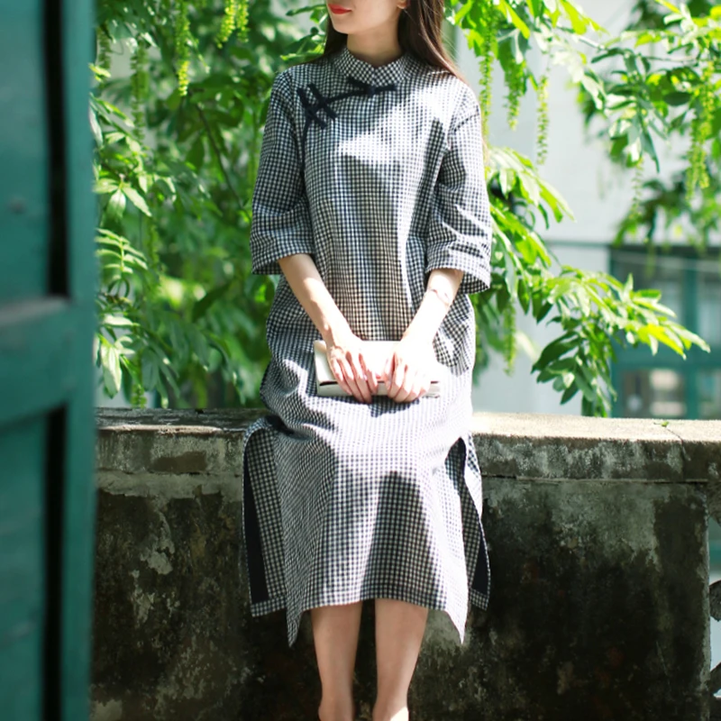 Traditional Chinese Dress For Women Summer Midi Dress Half Sleeve Modern Plaid Cheongsam Oriental Qipao Vintage Robe