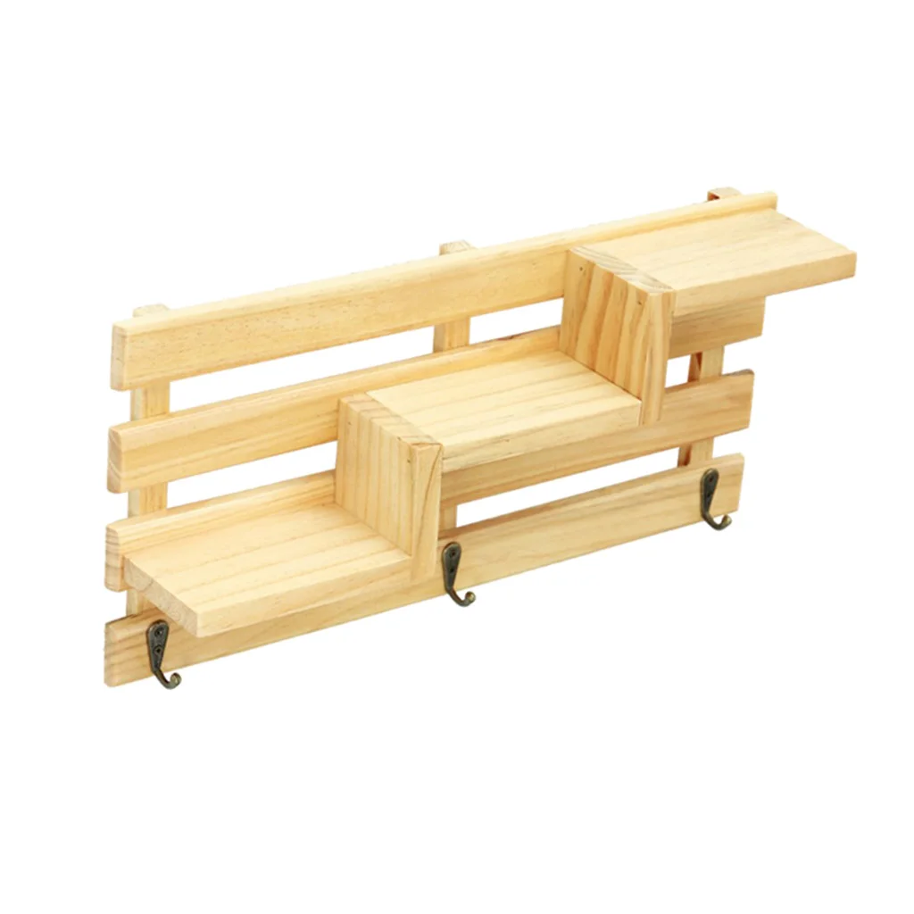 Baoblaze Wooden 3-tier Stair Shelves Organizer Books Collections Display Shelf Storage Rack with Key Hooks, Wall Mounted