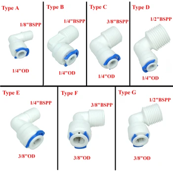 

1Pcs Water Elbow Quick Coupling Fitting 1/4" 3/8" Hose OD 1/4" 3/8" 1/2" BSP Male Reverse Osmosis System Plastic Pipe Connector
