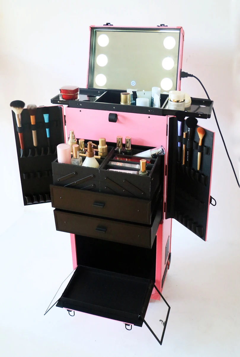 Pink Professional Travel Aluminum Rolling Cosmetic Case Makeup Lighting