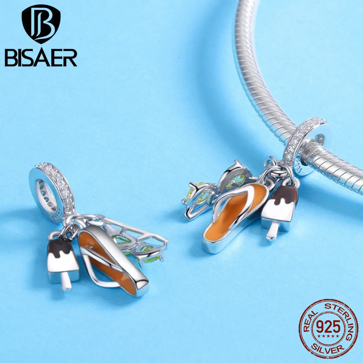 

BISAER Real 925 Sterling Silver Summer Travel Glasses Shoes Shoe Charms Beads Fit for Women Bracelet DIY Jewelry Making ECC770