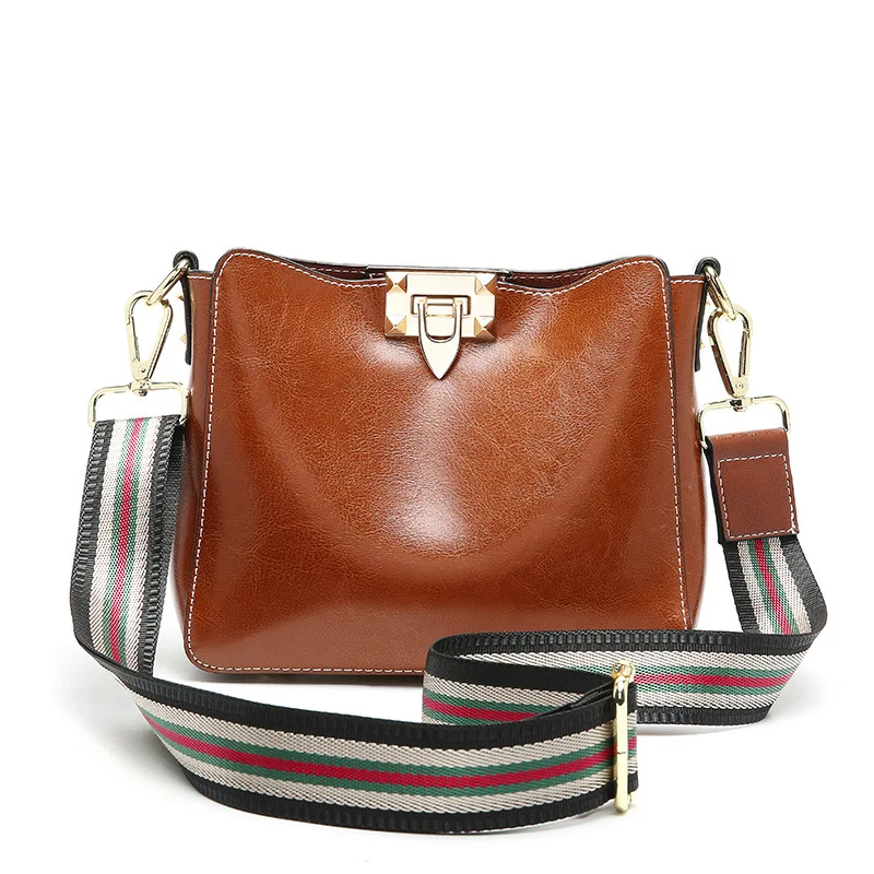 Fashion bucket design high-grade leather women's handbag oil wax leather wide-band large-capacity slung shoulder bag women