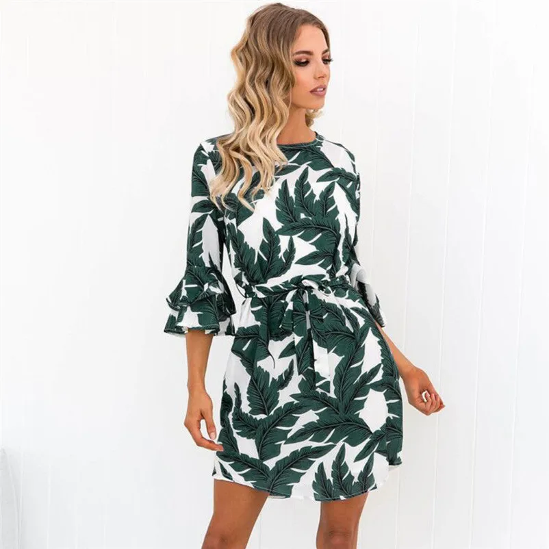 Fashion dress women summer Autumn 2018 Ladies Casual Three Quarter Leaf Printed Boho Dresses O-Neck Mini Dress vestido A21#N (1)