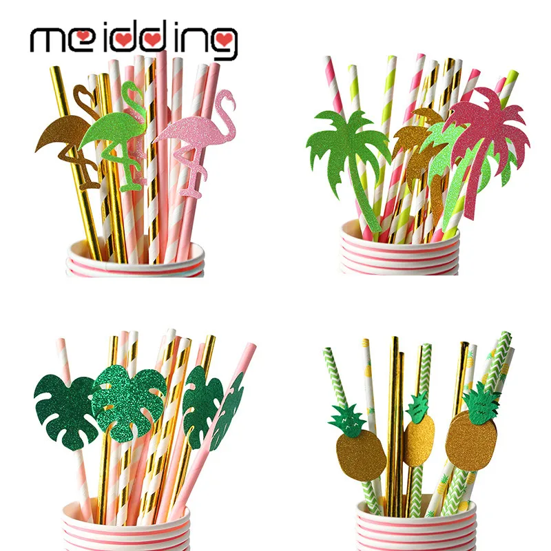 

12PCS Flamingo Party Straw Hawaii Flamingo Pineapple Party Palm Leaf Coconut Tree Shape Straws Supplies Summer Birthday Decor