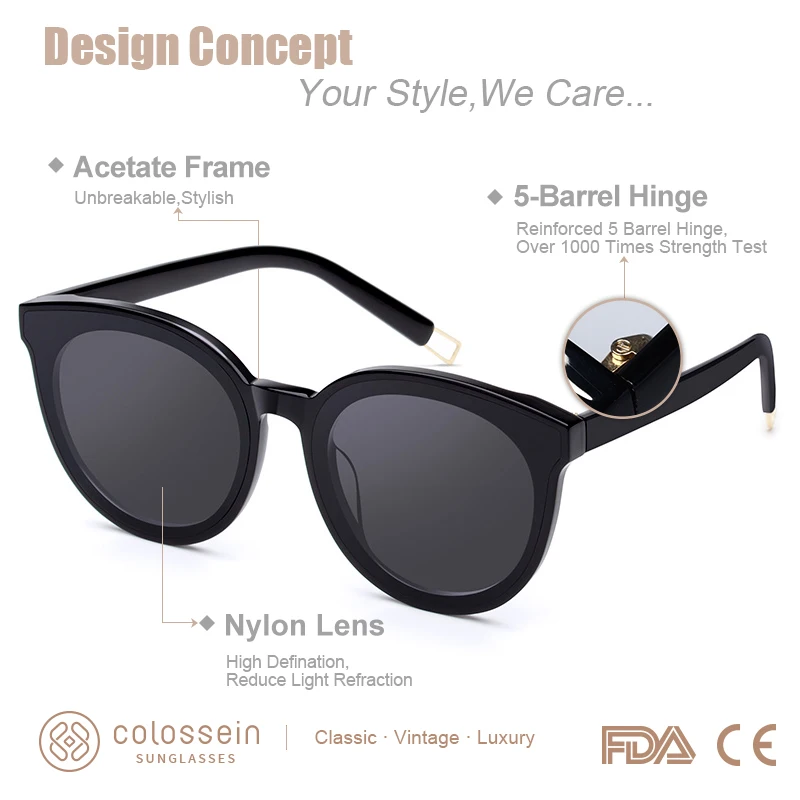 COLOSSEIN солнцезащитные очки Женские старинные Кошачий глаз модные ручной работы поляризованные черная рамка мужские UV400 уличные