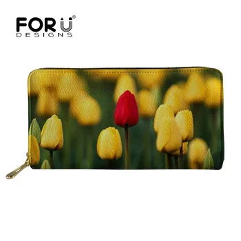 

FORUDESIGNS Women Wallets Flower Tulip Printing High Quality Leather Card Holders Cellphone Pocket PU Woman Money Bag Clutch