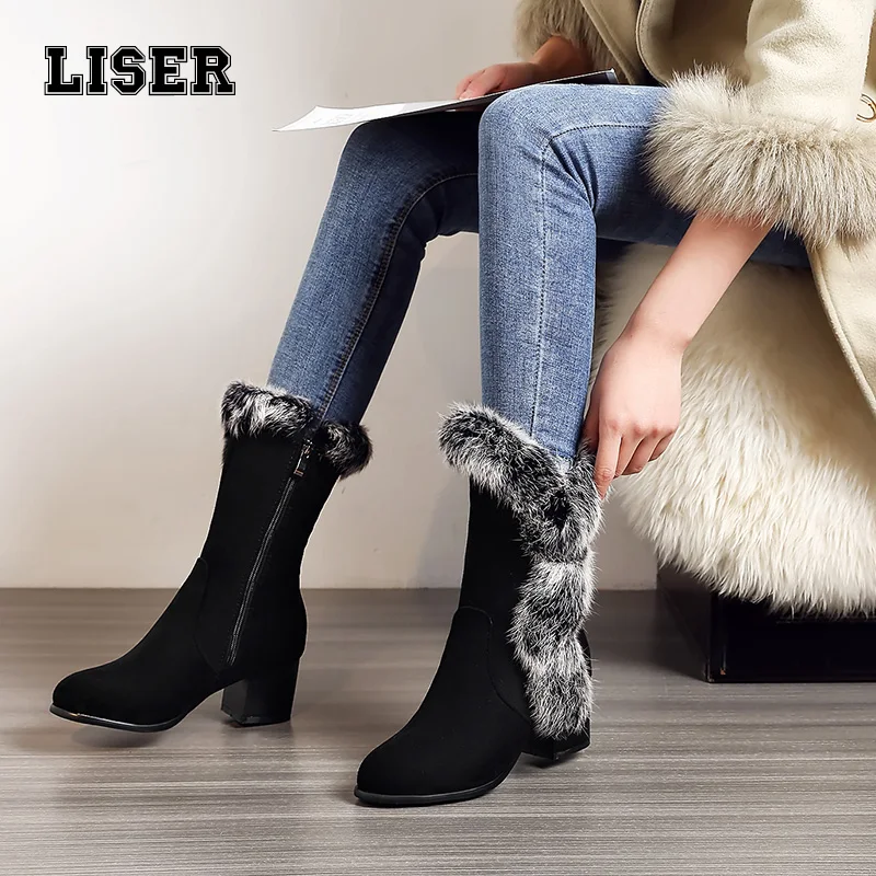 

2019 fashion winter boots women middle calf warm faux fur flock plush inside chunky heels black snow booties wild hunter style