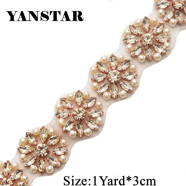 YANSTAR свадебный пояс с жемчугом аппликации со стразами отделка на 1 ярд* 3 см для ремни свадебного платья розовое золото Кристалл YS900 - Цвет: Rose Gold