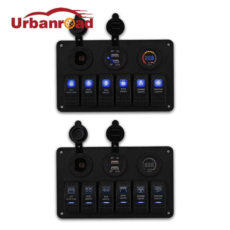 

12v 6 Gang Boat Rocker Switch Panel LED USB Marine Switch Panel Dual USB Cigarette Lighter Socket Voltmeter Adapter Car Switch