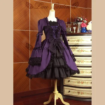 

Purple Gothic Lolita Dress Square Neck Flare Long Sleeve Dress with Bow and Ruffles