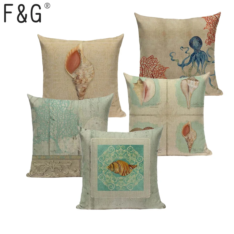 

High Quality Vintage Sea conch Cushions Cover Heart Home Decor Linen Pillow Cover Decorative Car Sofa Throw Pillows Pillowcase