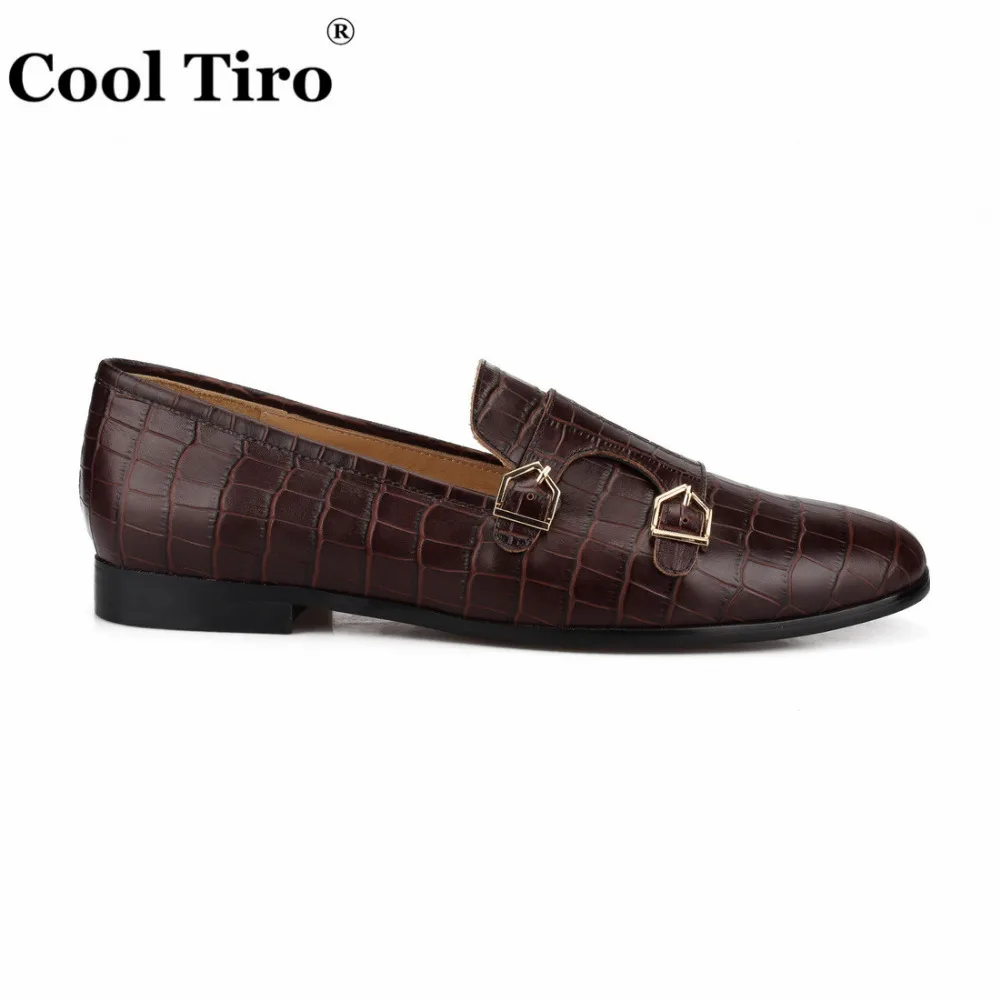 Cool Tiro/коричневый двойной Monk Loafers Для мужчин тапочки мокасины крокодиловый принт Повседневная обувь Свадебная вечеринка Туфли под платье человек Туфли без каблуков