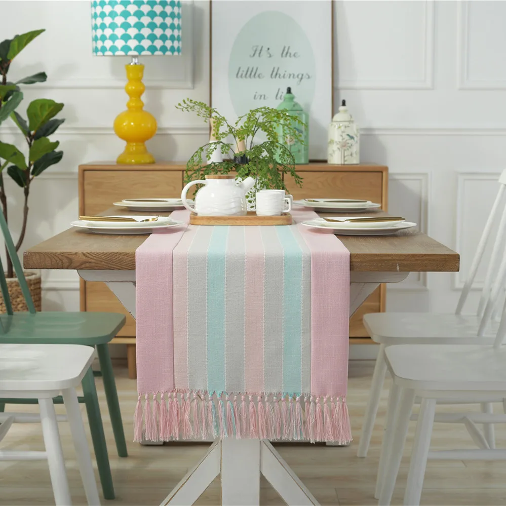 

Modern simple pink/ blue striped table runner tassel decorative tablecloth bed runner fringes tea table cover towel