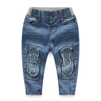 

Baby denim pants boys girls cowboy patchwork jeans Kids cotton denim pants elastic waist elastic long pants 9M-4T