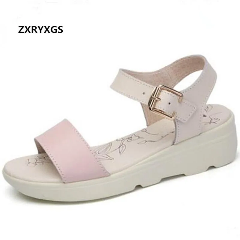 

Spell Color real Leather Sandals Women Shoes Casual Sandals 2019 New Summer Comfortable Flat Wedges Sandals Women Shoes sandals