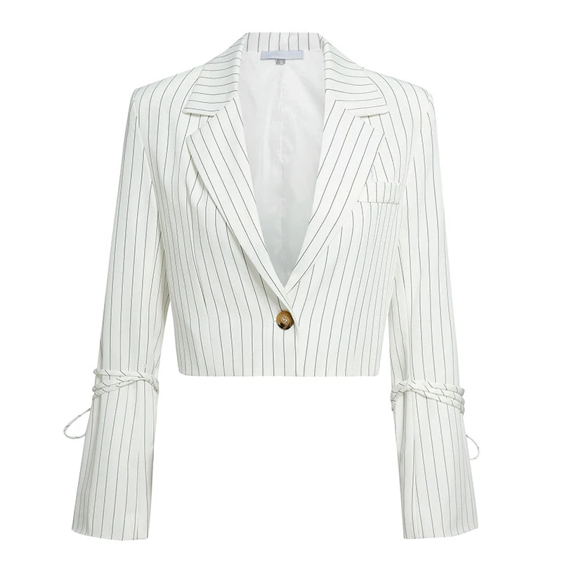 NLW White Stripe Women Blazers Jackets Long Sleeve Short Autumn Winter Blazer Streetwear Pockets Belt Business Blazer - Цвет: Белый