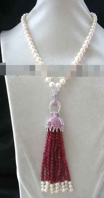 

FREE SHIPPING>>>@@ > N3275 freshwater pearl white round leopard clasp red jade necklace 18