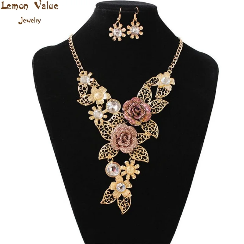 

Lemon Value Bohemia Bijoux Statement Maxi Choker Vintage Charms Collar Crystal Flower Necklace Earrings Women Jewelry Sets ZG038