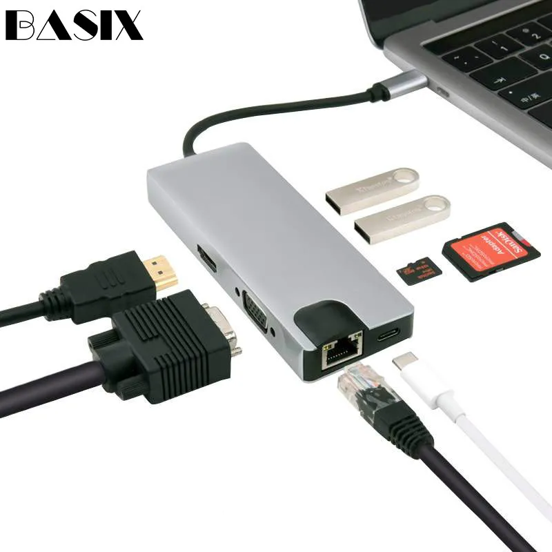 Концентратор Basix USB C для HDMI 4K 3 0 порт SD/TF кардридер VGA RJ45 Gigabit Ethernet Type концентратор