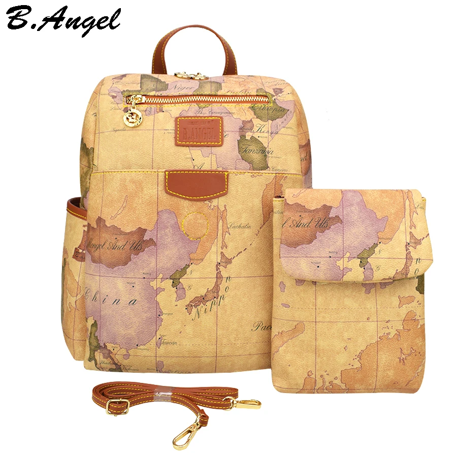 

Retro Pouchy Backpack for Travel High Capacity Leather Backpack for School World Map Printing Backpack Two Bags One Set
