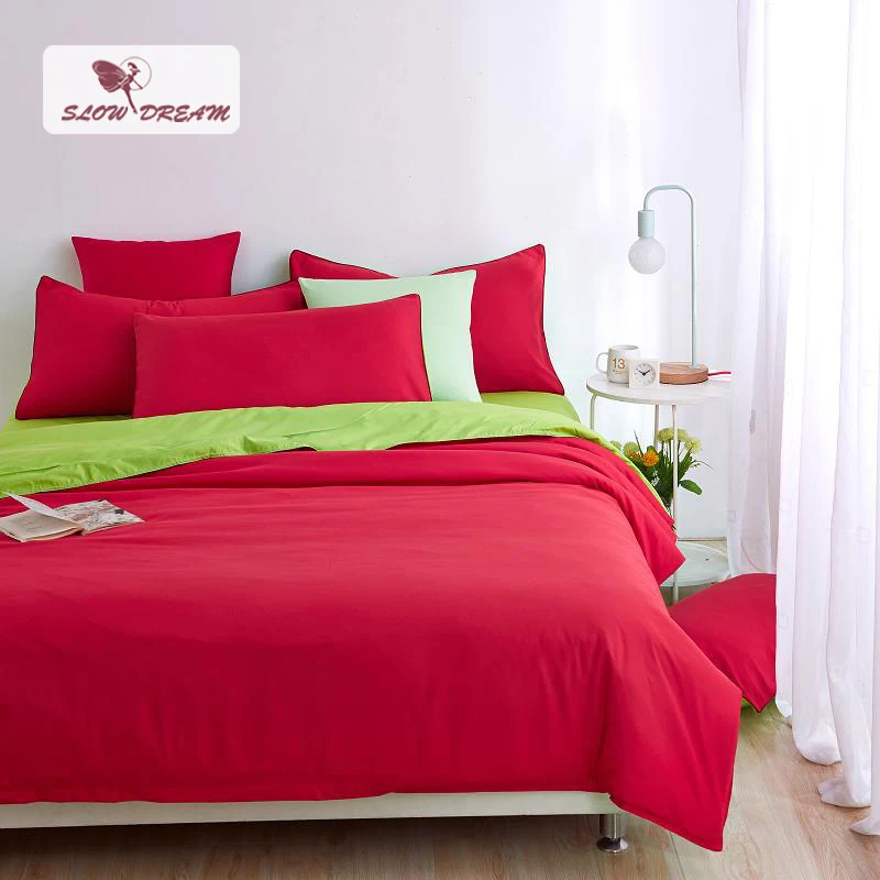 

SlowDream Red Duvet Cover Green Bed Flat Sheet Double Single Size Bed Linens Japan Style Bedding Set Pillowcase Solid Color Bed