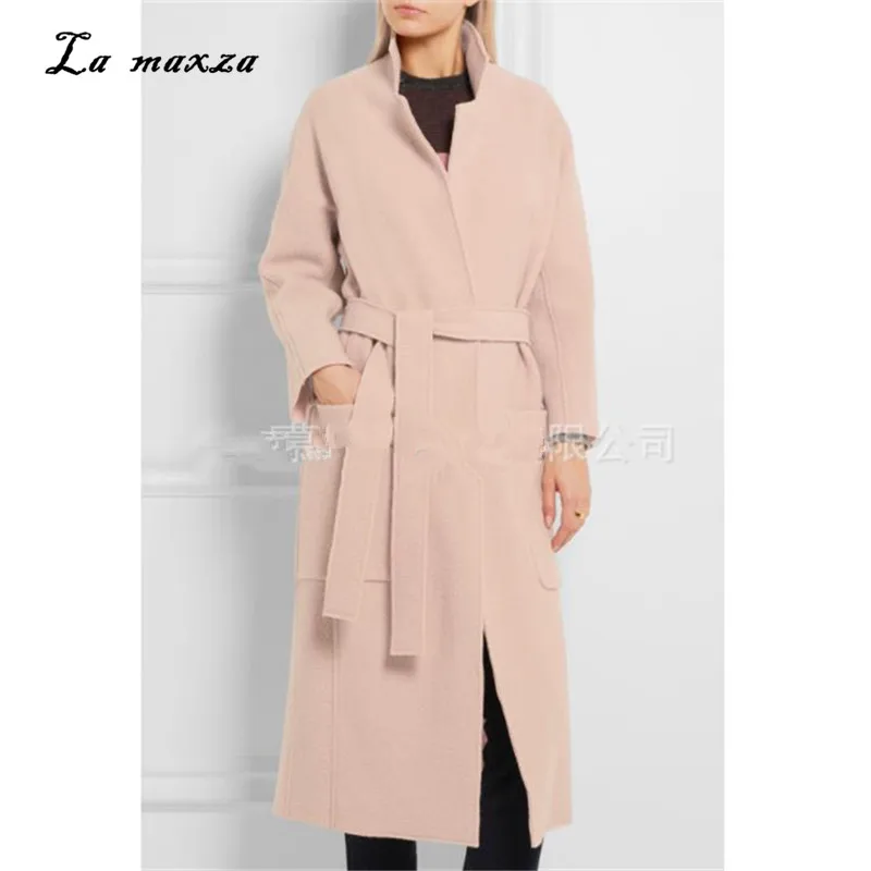 

Winter Wool Women Coat 2018 Elegant Warm Long Coat Korean Style Office Fashion Streetwear Pink Coat