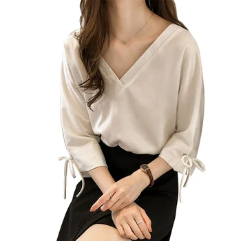 

Women Blouse Sexy V-neck Lace Up Plus Size Solid Color Cropped Three Quarter Loose Thin Chiffon Shirt