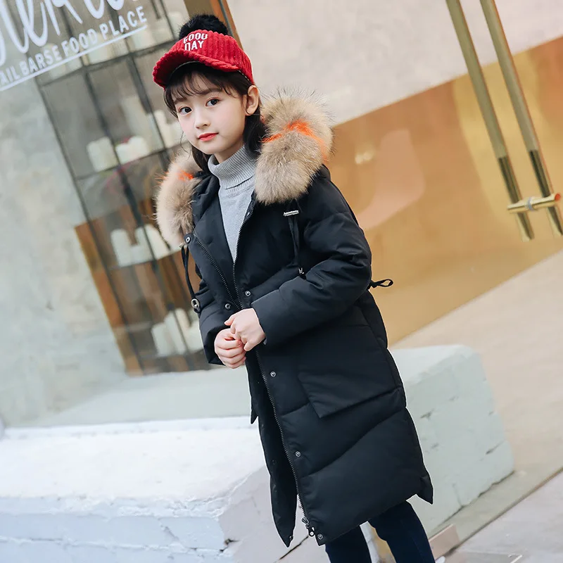 

Fashion Winter Heavyweight White Duck Down Raccoon Hair Collar Girls Long Coat Warm Parkas Children Outfits For 4-14 Years Old