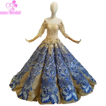 

Gold Glitter Ball Gowns Wedding Dresses 2019 new design 3/4 Sleeves Off Shoulder Blue Lace Custom Made Real Photos Bridal Gowns